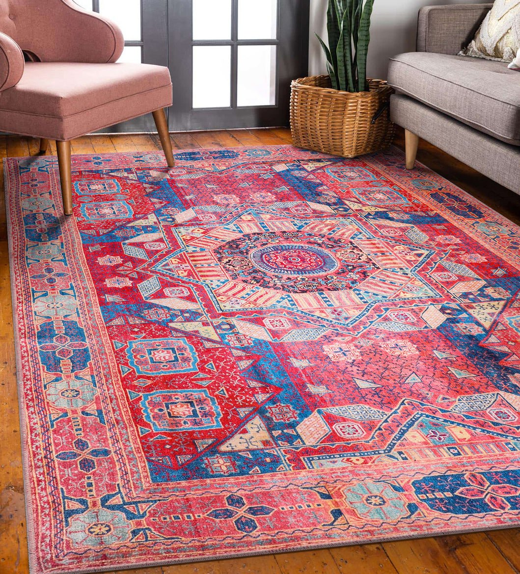 Machine Washable Rug | Non Slip - Red Oriental Rug - Daphne Home Decor
