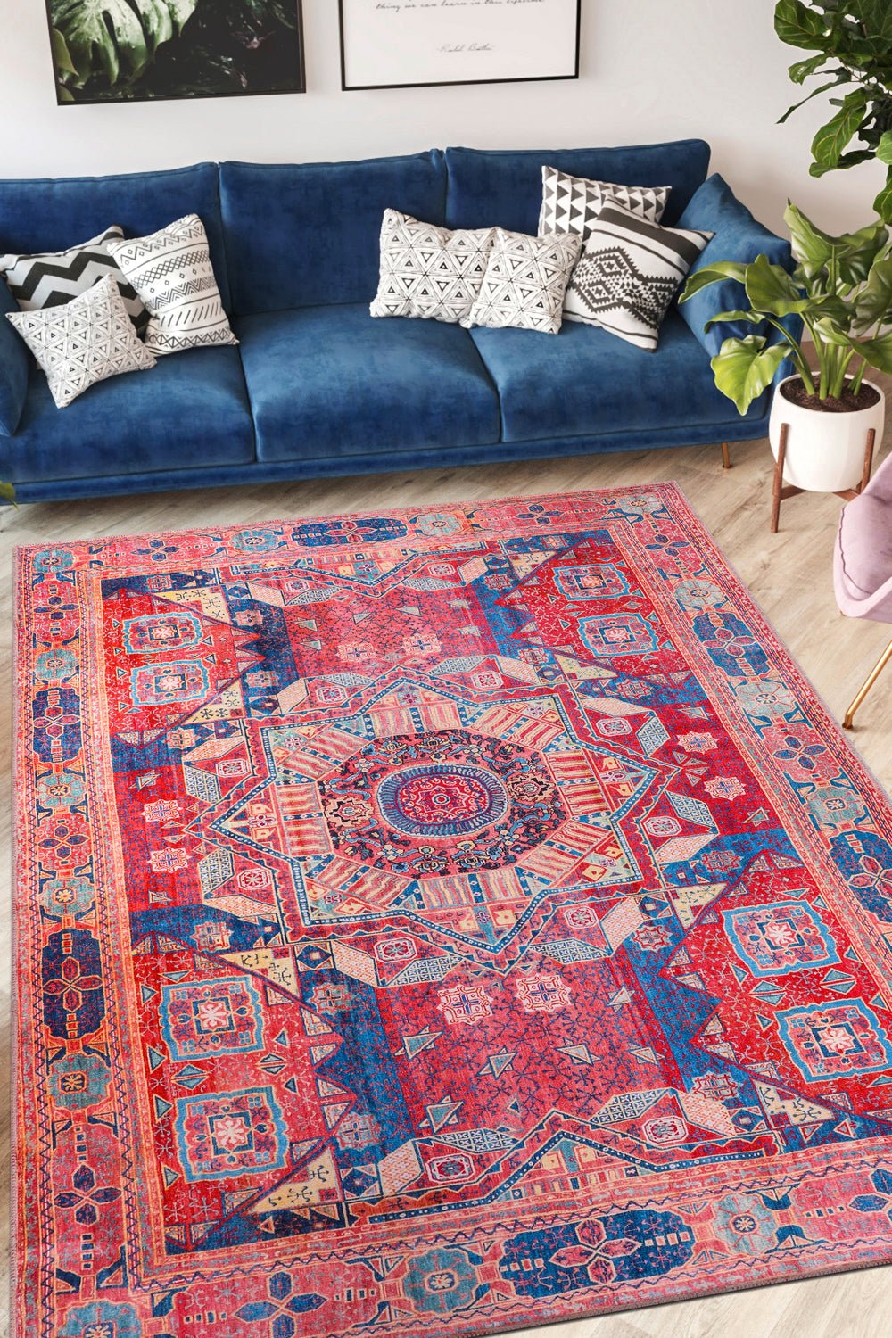 Machine Washable Rug | Non Slip - Red Oriental Rug - Daphne Home Decor