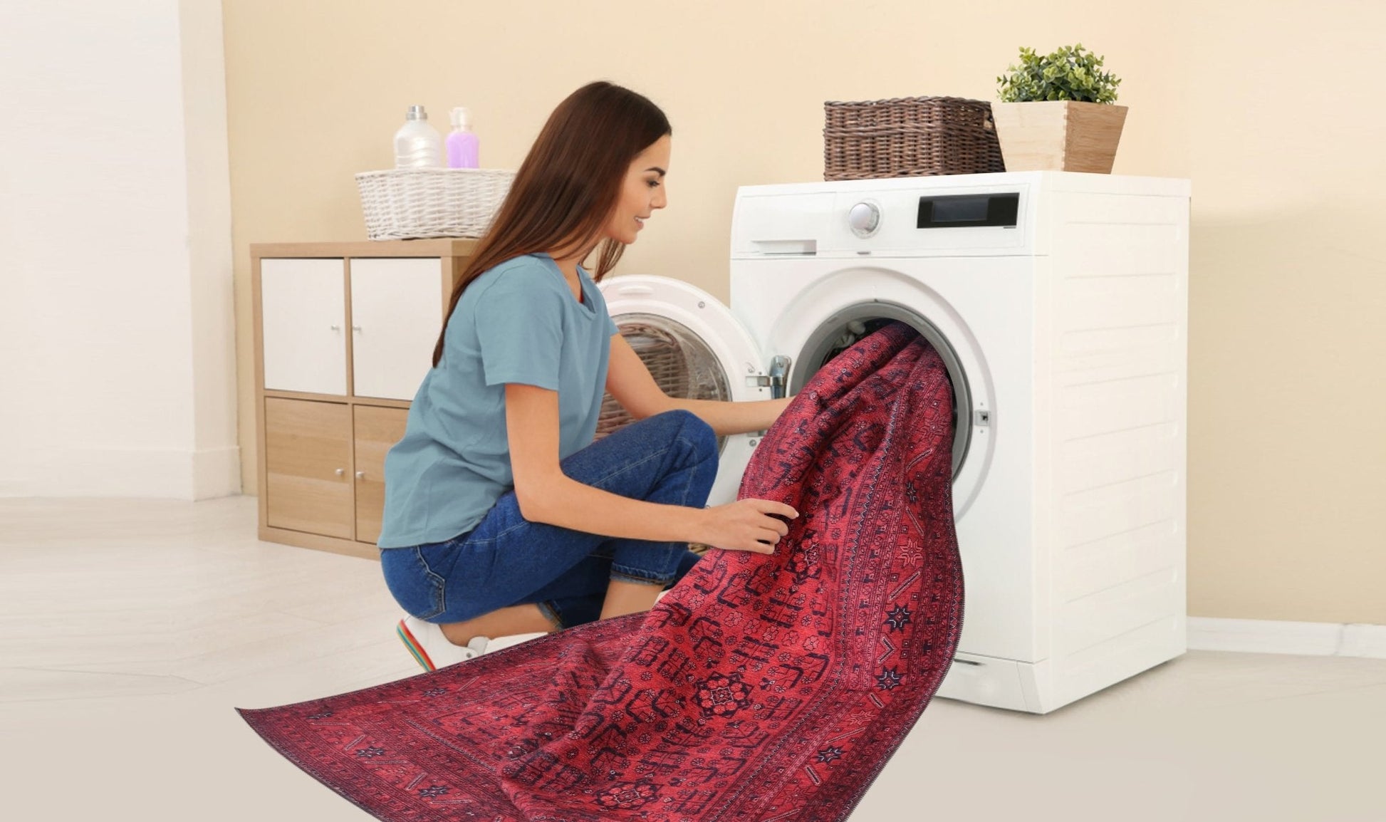 Machine Washable Rug | Red Vintage Rug - Non Slip - Daphne Home Decor