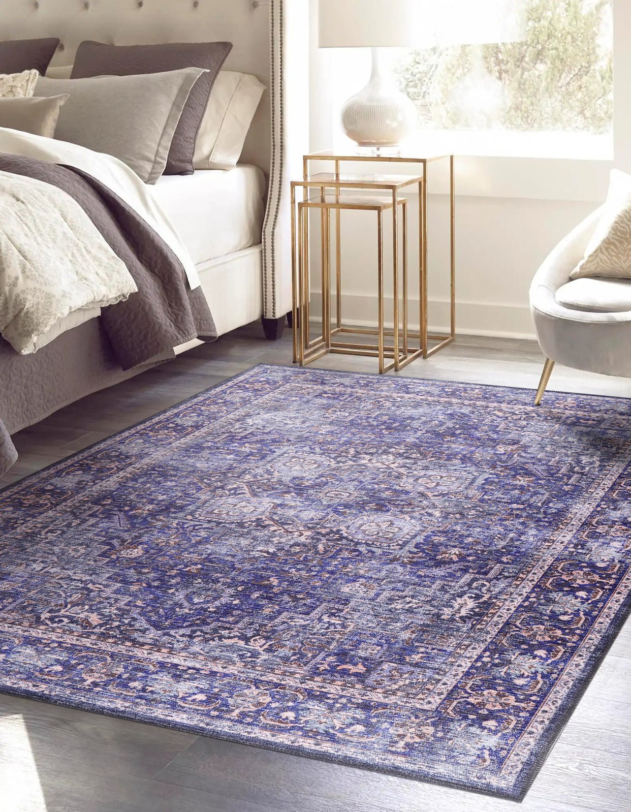 Machine Washable Rug | Blue Rug - Non Slip - Vintage - Daphne Home Decor