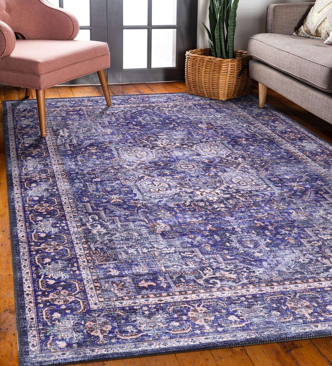 Machine Washable Rug | Blue Rug - Non Slip - Vintage - Daphne Home Decor