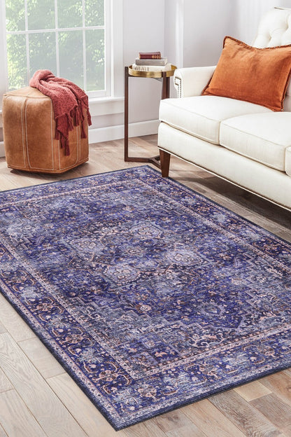 Machine Washable Rug | Blue Rug - Non Slip - Vintage - Daphne Home Decor