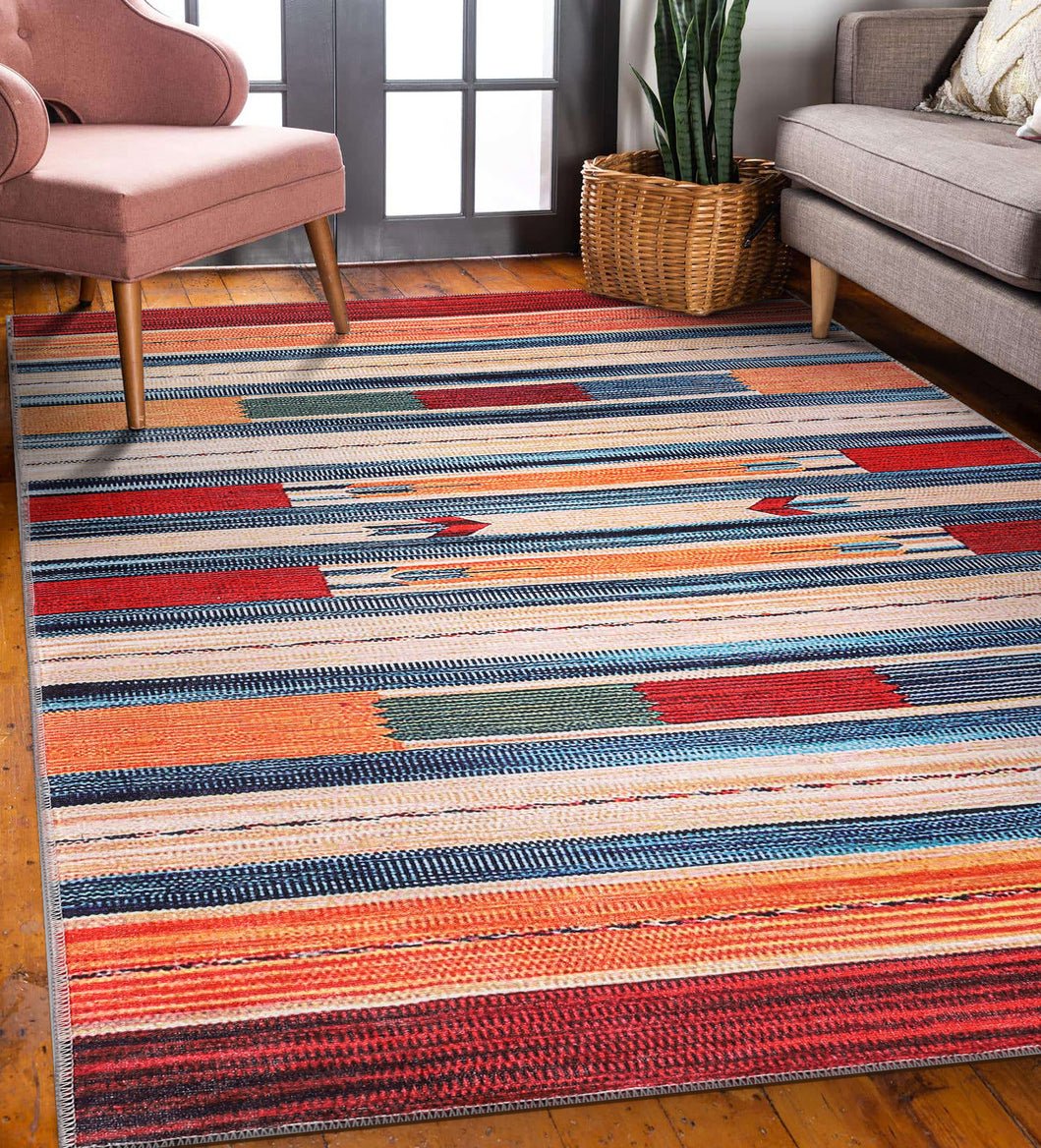 Machine Washable Rug | Colorful Striped Rug - Non Slip - Daphne Home Decor